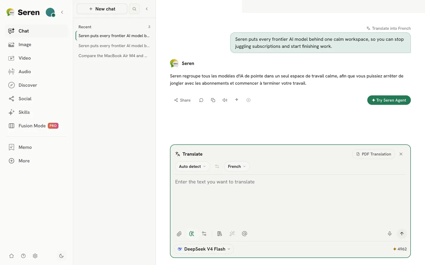 Translate mode: an English paragraph rendered into French beside the searchable language pair and glossary controls